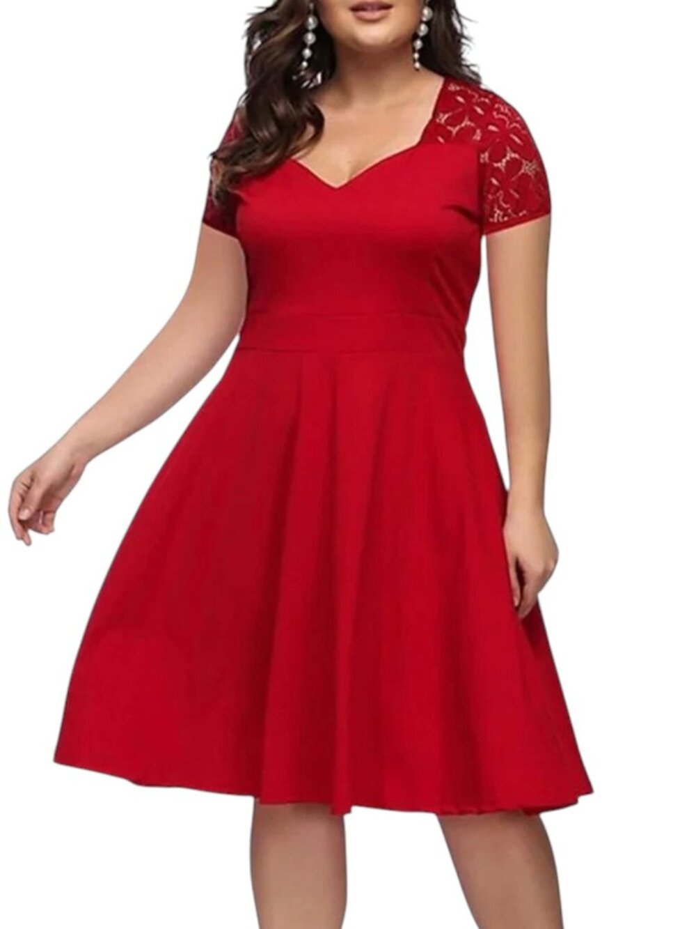 Lace Stitching Short Sleeve Fit & Flare A-Line Women's Elegant Skater Dress